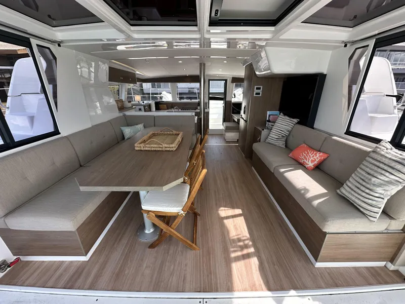 Slide: The Image of Spacious interior of 2023 Bali 4.2 yacht with modern seating and dining area. - 38