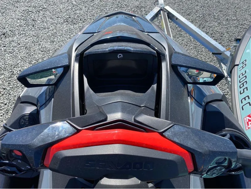 Slide: The Image of 2022 Sea-Doo RXT-X 300 Premium Triple Black jet ski, top view, on trailer. - 8