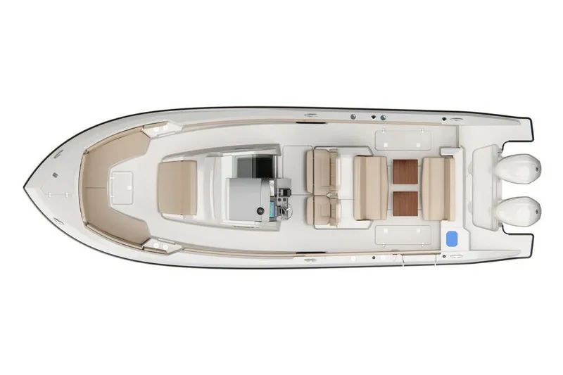 Slide: The Image of 2019 Pursuit S 328 Sport boat, top view, showcasing seating and dual engines. - 57