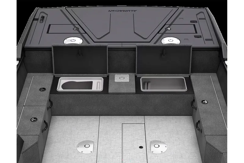 Slide: The Image of 2025 Alumacraft Competitor 175X Tiller boat interior with storage compartments and seating. - 10