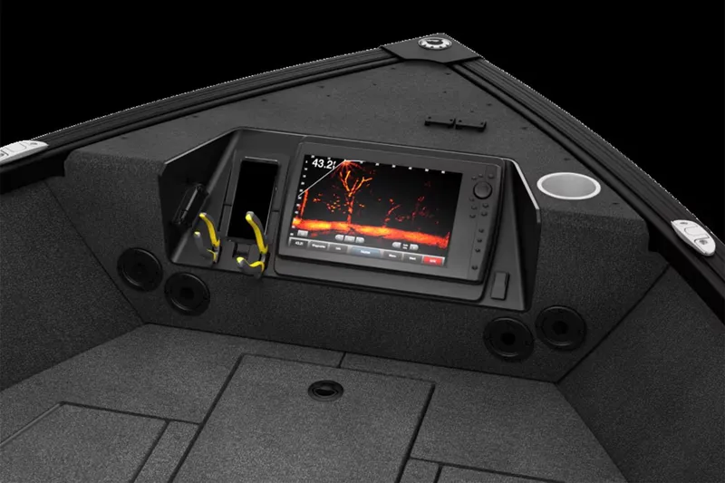 Slide: The Image of 2025 Alumacraft Competitor 175X Tiller dashboard with advanced navigation display. - 13