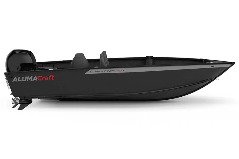 Slide: The Image of 2025 Alumacraft Competitor 175X Tiller boat, sleek black design, side view. - 3