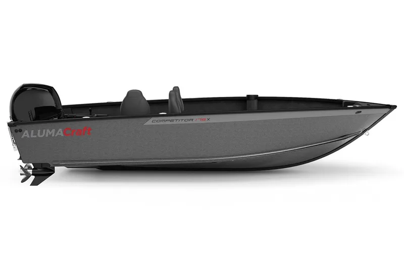 Slide: The Image of 2025 Alumacraft Competitor 175X Tiller boat, side view, sleek gray design. - 4