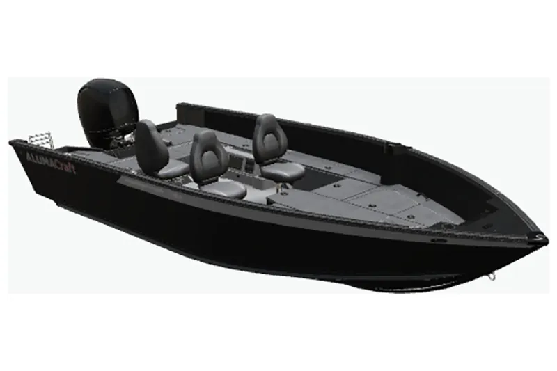 Slide: The Image of 2025 Alumacraft Competitor 175X Tiller boat, sleek design, black finish, spacious seating. - 5