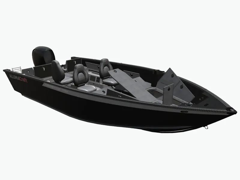 Slide: The Image of 2025 Alumacraft Competitor 175X Tiller boat, sleek black design, spacious seating, modern features. - 6