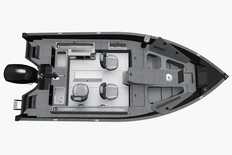 Slide: The Image of 2025 Alumacraft Competitor 175X Tiller boat, top view, showcasing seating and layout. - 8
