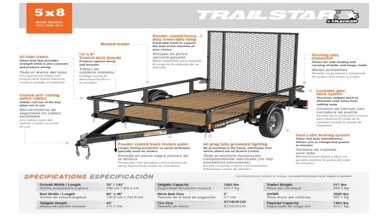 Slide: The Image of 2024 Tracker KTO-2000-60-8 (5X8) utility trailer with mesh gate and wooden deck. - 2