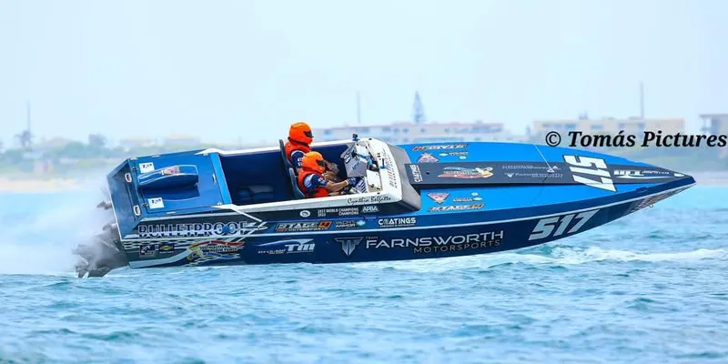 Slide: The Image of 2003 Ultimate Warlock 29 World Class Offshore Race boat speeding on water. - 1