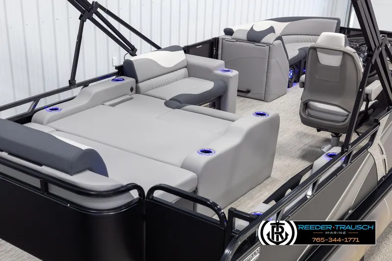 Slide: The Image of 2025 Avalon LSZ Vrl pontoon boat interior with luxurious seating and modern design. - 12