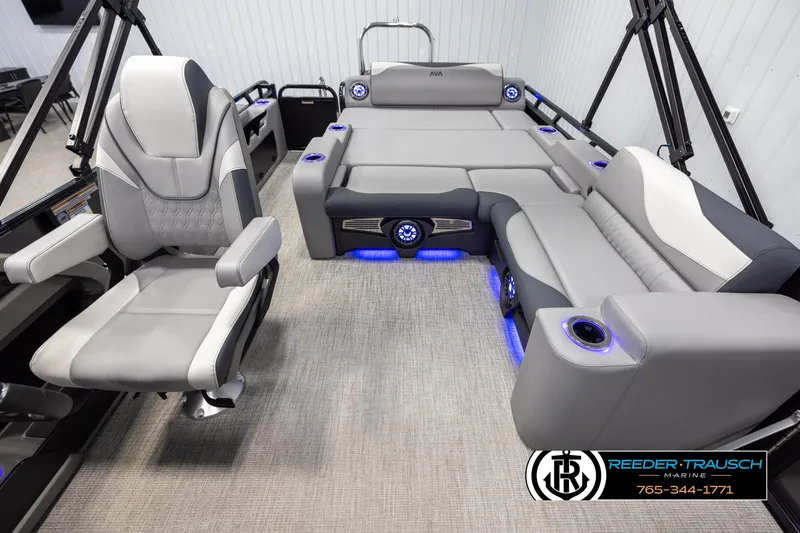 Slide: The Image of Luxurious 2025 Avalon LSZ Vrl boat interior with modern seating and ambient lighting. - 14