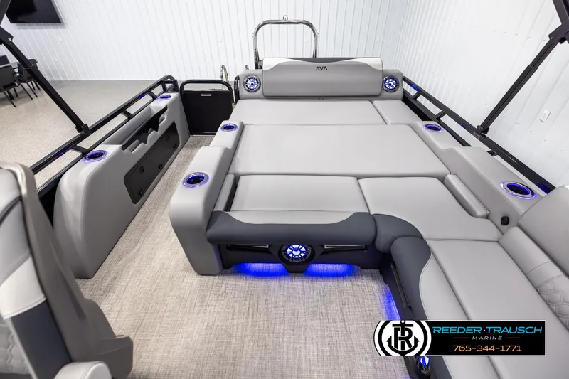 Slide: The Image of Luxurious 2025 Avalon LSZ Vrl boat interior with plush seating and ambient lighting. - 15