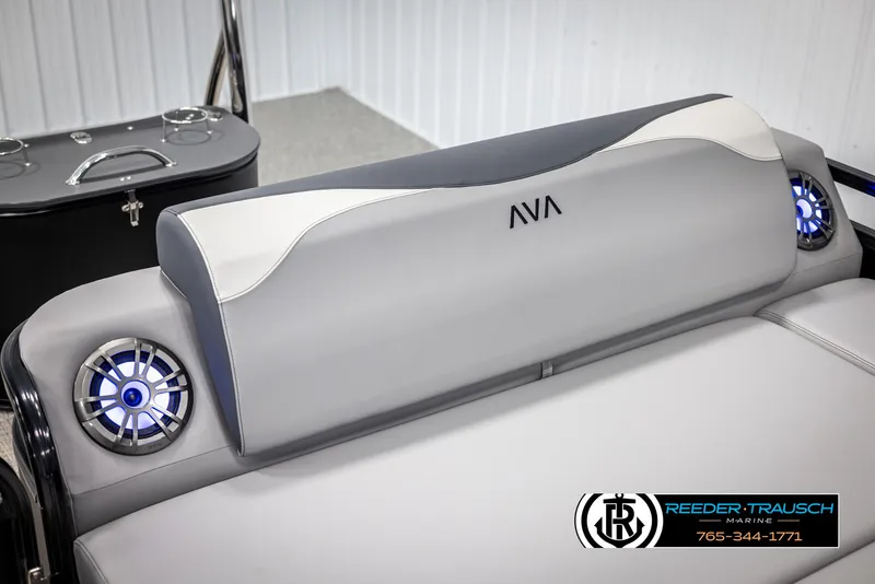 Slide: The Image of 2025 Avalon LSZ Vrl boat interior with stylish seating and built-in speakers. - 41