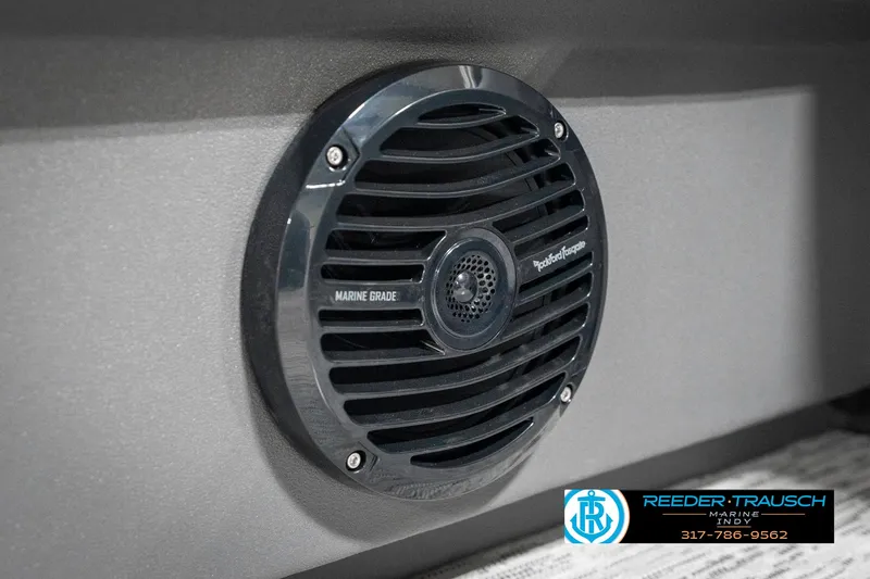Slide: The Image of Marine-grade speaker on 2025 Bennington 22 SLS boat, featuring Rockford Fosgate design. - 44