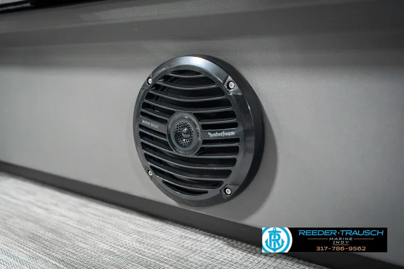 Slide: The Image of 2025 Bennington 20 SSR boat speaker detail with Reeder-Trausch branding. - 42