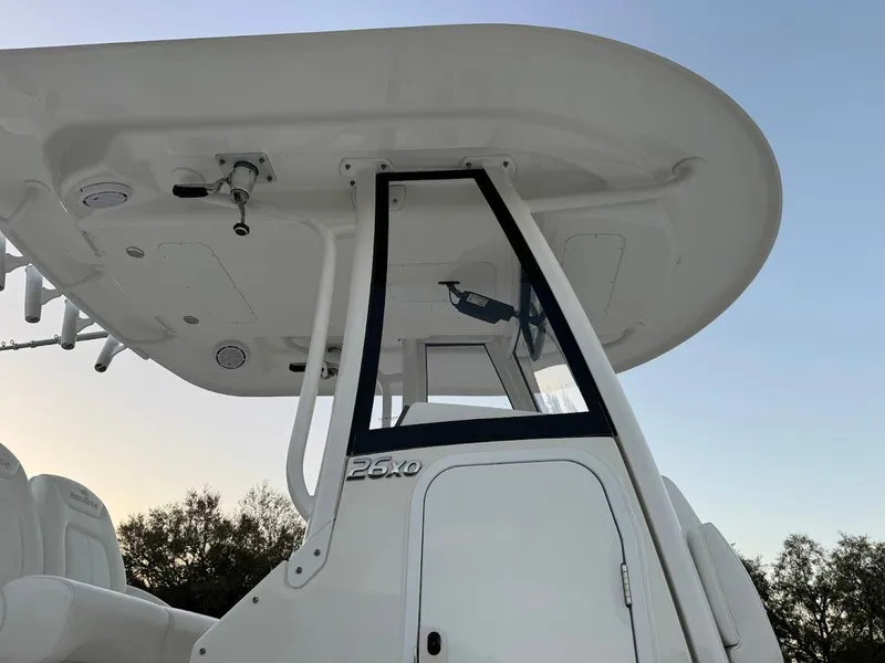 Slide: The Image of 2020 Regulator 26XO boat, featuring sleek design and modern canopy structure. - 29