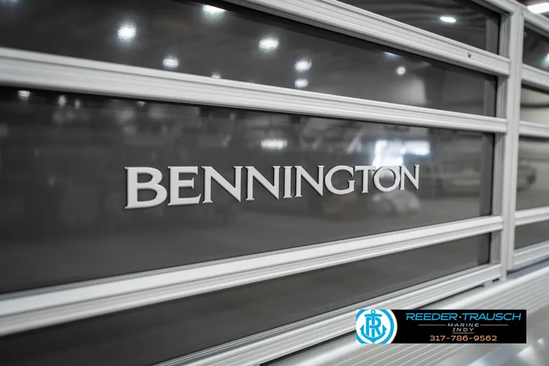 Slide: The Image of 2025 Bennington 21 SSR boat with sleek design and branding. - 47