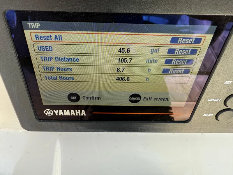 Slide: The Image of Yamaha display showing trip data: 45.6 gallons used, 105.7 miles, 8.7 trip hours. - 14