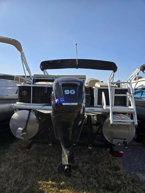 Slide: The Image of 2018 Misty Harbor 2085 Adventure CF pontoon boat with outboard motor, rear view. - 3