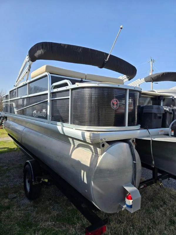 Slide: The Image of 2018 Misty Harbor 2085 Adventure CF pontoon boat on trailer, side view. - 5