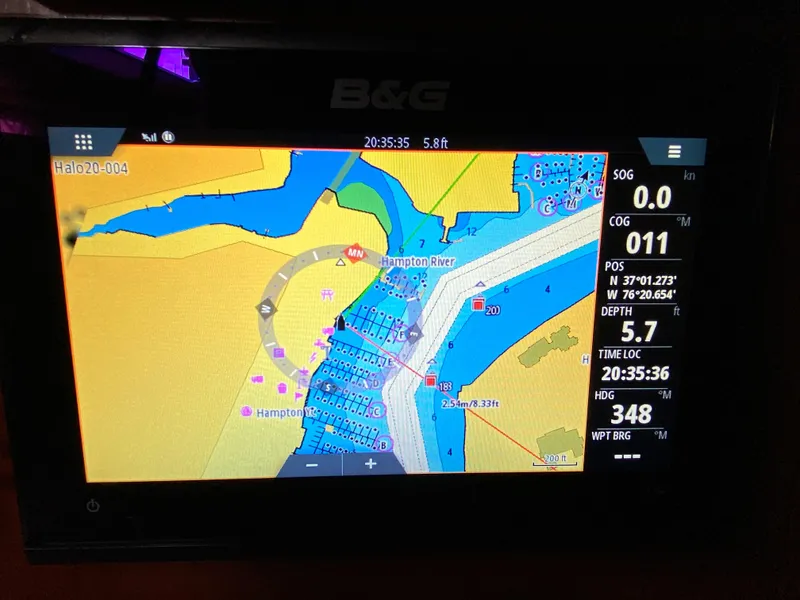 Slide: The Image of Navigation display on a 1973 Nautor Swan 44, showing Hampton River map and sailing data. - 45