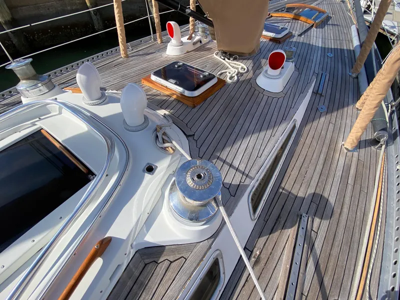Slide: The Image of Deck of 1973 Nautor Swan 44 sailboat with winches and hatches. - 9