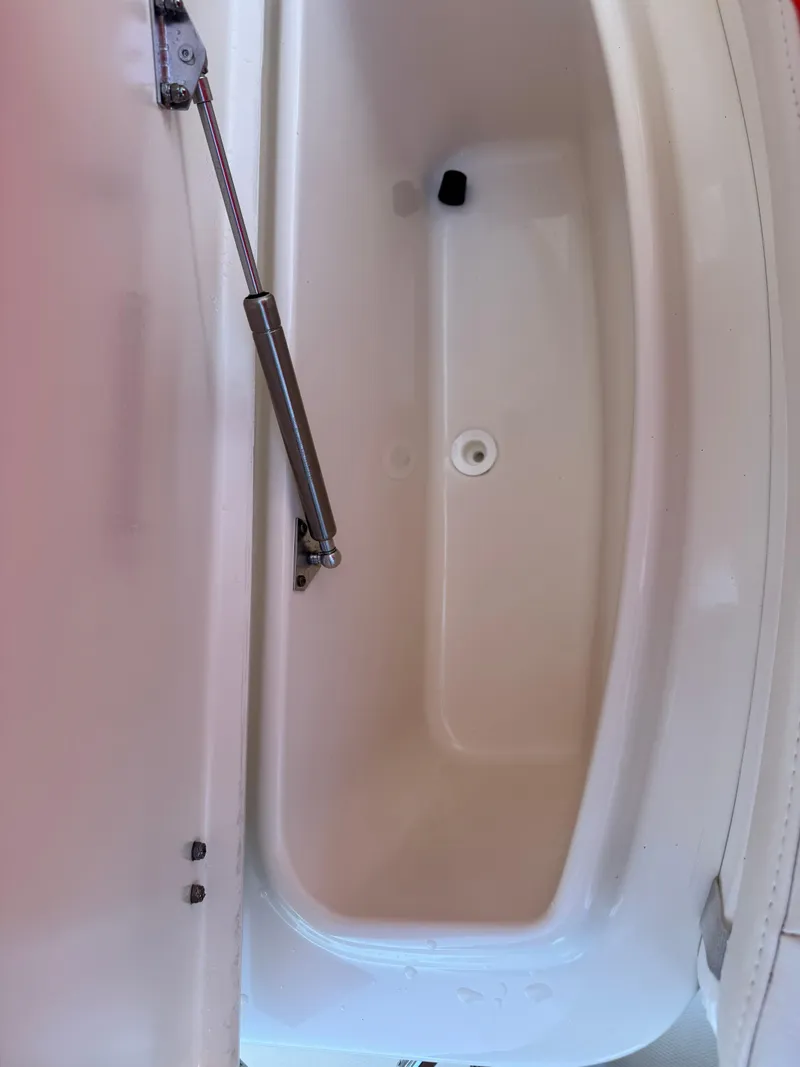 Slide: The Image of Storage compartment in 2019 Grady-White 251 Coastal Explorer boat, featuring hydraulic lift support. - 29