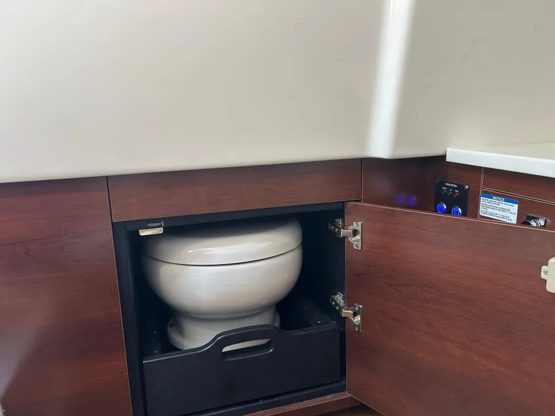 Slide: The Image of 2023 Chaparral 300 OSX boat interior with a concealed marine toilet in a wooden cabinet. - 18