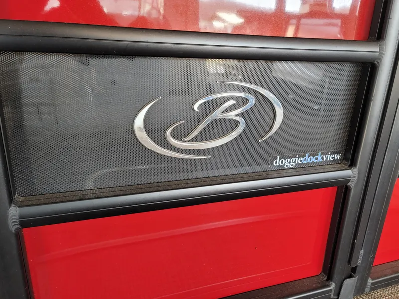 Slide: The Image of Barletta L23UC 2022 boat with "doggiedockview" feature, red and black design. - 5
