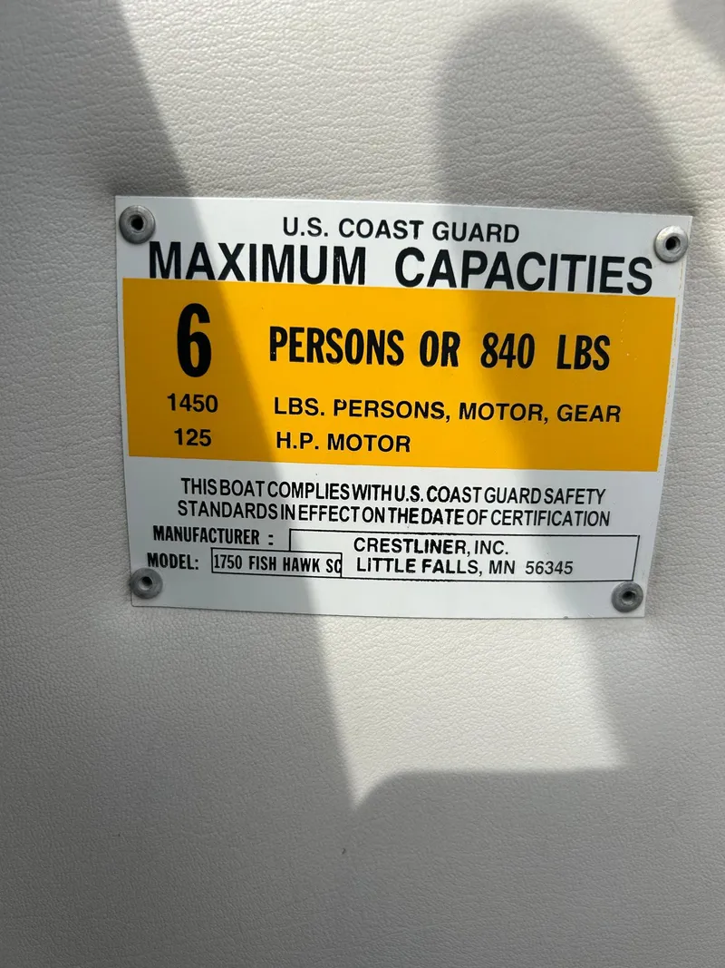 Slide: The Image of Capacity label for 2004 Crestliner 1750 FishHawk SC: 6 persons or 840 lbs. - 22
