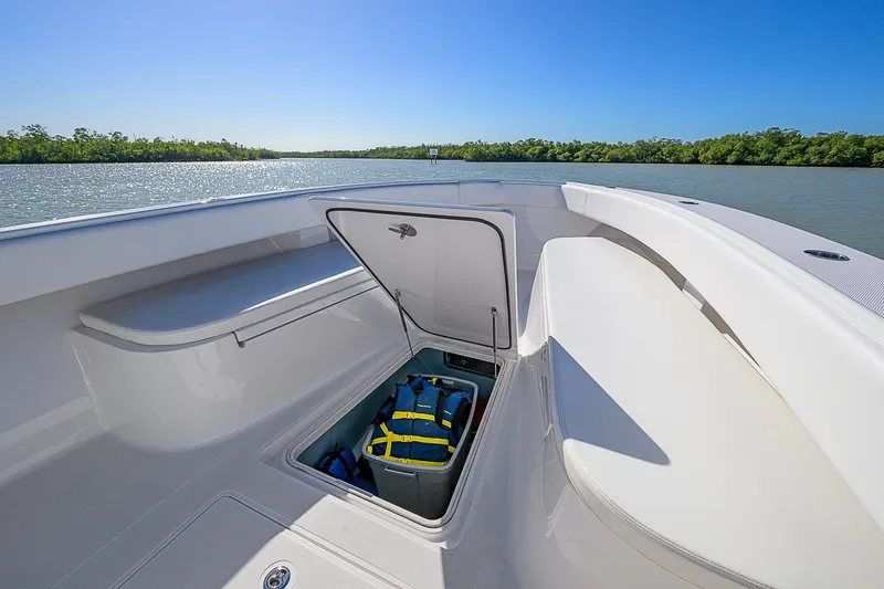Slide: The Image of 2017 Bahama 41 boat with open storage compartment, scenic water view. - 6