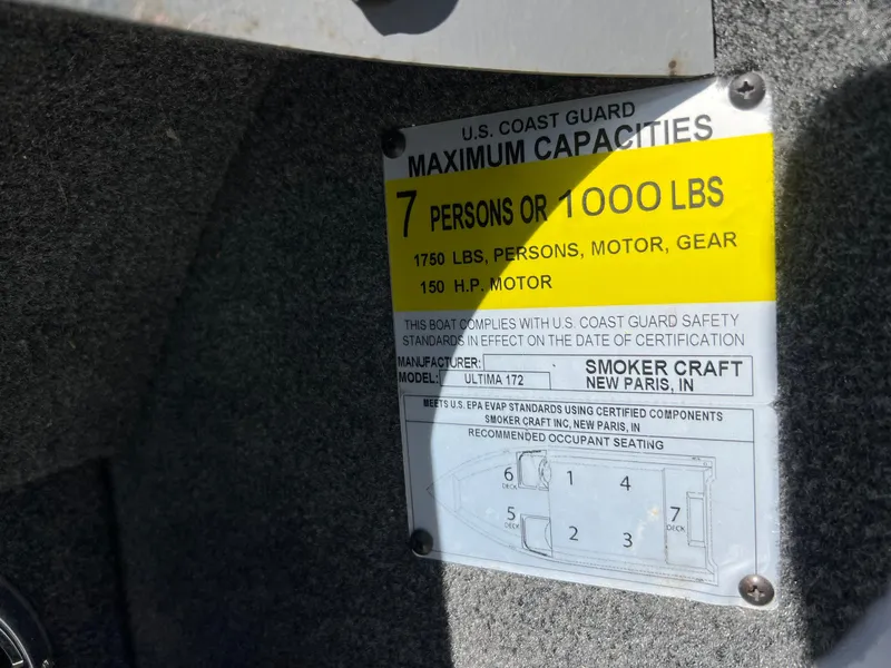 Slide: The Image of U.S. Coast Guard capacity label on 2017 Smoker Craft 172 Ultima Fish n Ski boat. - 25