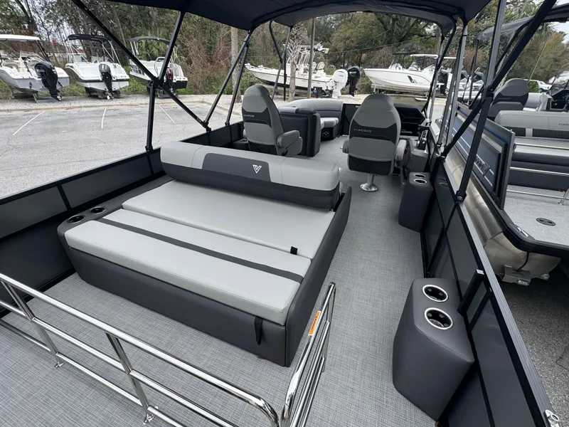 Slide: The Image of 2025 Viaggio Lago X-S boat interior with gray seating and modern design. - 6