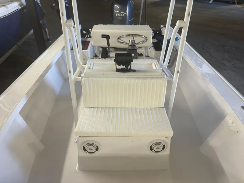 Slide: The Image of 1971 SeaCraft Barcone 21 CC boat interior with steering console and seating. - 8