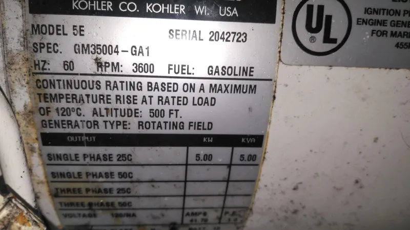 Slide: The Image of Kohler generator label on 2006 Sea Ray 280 Sundancer, Model 5E, gasoline, 5 kW output. - 40