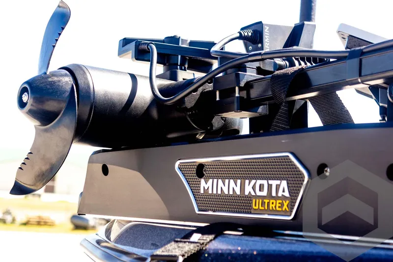 Slide: The Image of Minn Kota Ultrex motor on 2025 Skeeter FXR 21 Limited boat, close-up view. - 13