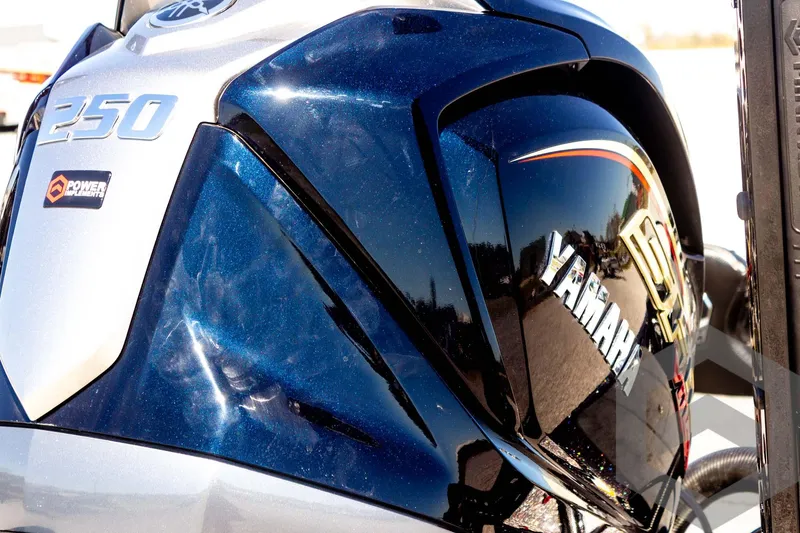 Slide: The Image of 2025 Skeeter FXR 21 Limited boat engine, featuring Yamaha branding and 250 horsepower. - 21