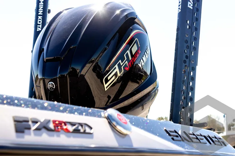 Slide: The Image of 2025 Skeeter FXR 21 Limited boat with Yamaha SHO engine, close-up view. - 9