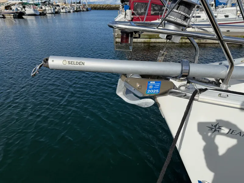 Slide: The Image of Jeanneau Sun Odyssey 36.2 sailboat bow with Selden equipment, docked in a marina, 1999 model. - 40