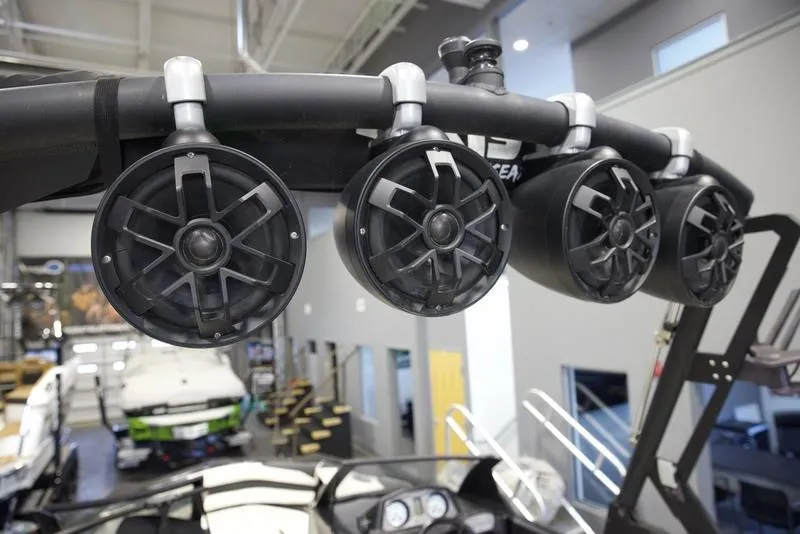 Slide: The Image of 2020 Axis A24 boat speakers in a showroom setting. - 9