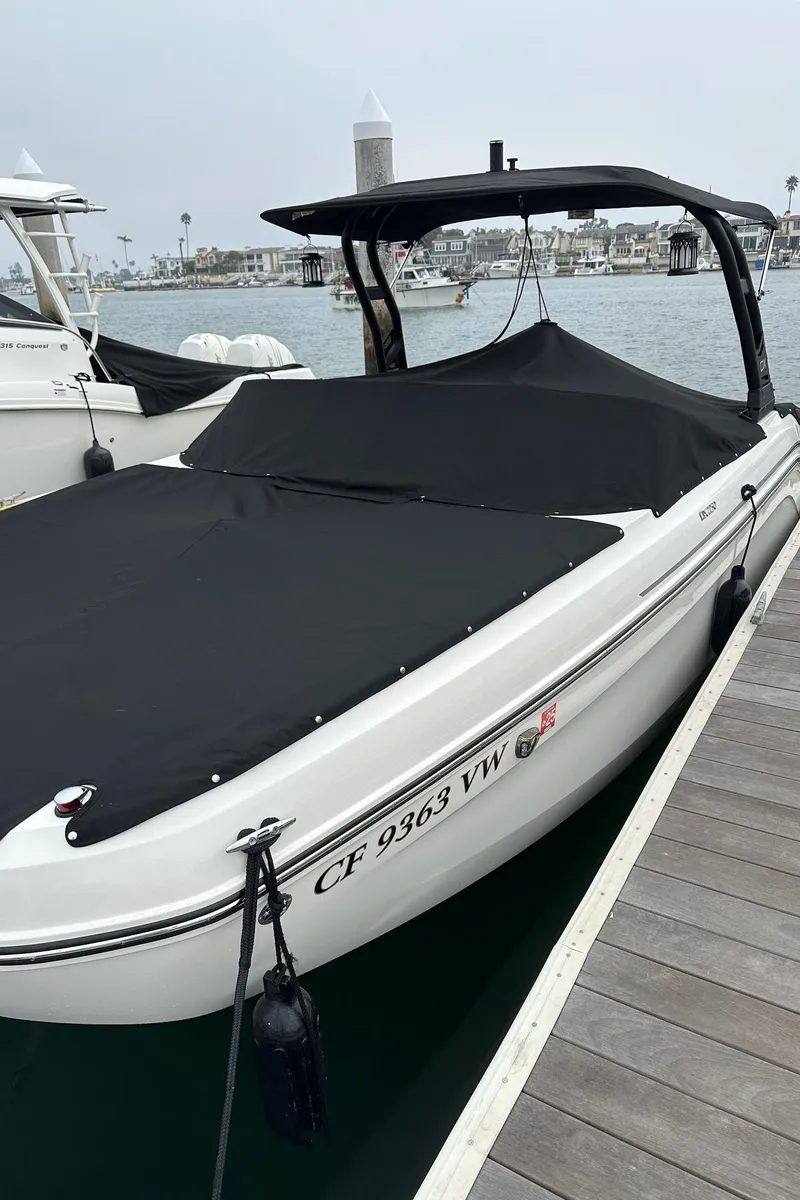 Slide: The Image of 2024 Bayliner DX 2250 boat docked with black cover in a marina setting. - 12