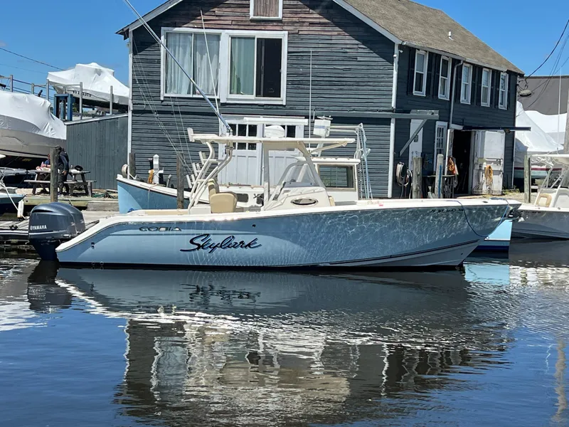 Slide: The Image of 2014 Cobia 296 Center Console boat docked by rustic building. - 16