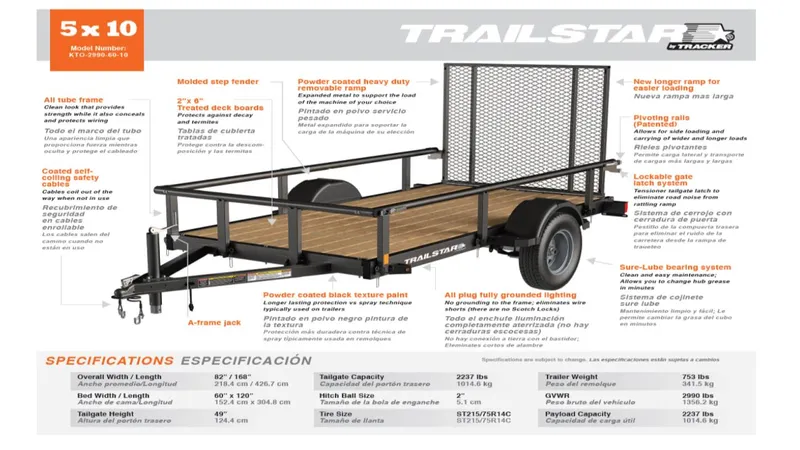 Slide: The Image of 5x10 Trailstar Tracker trailer, model KTO-2990-60-10, 2023 specifications and features. - 2