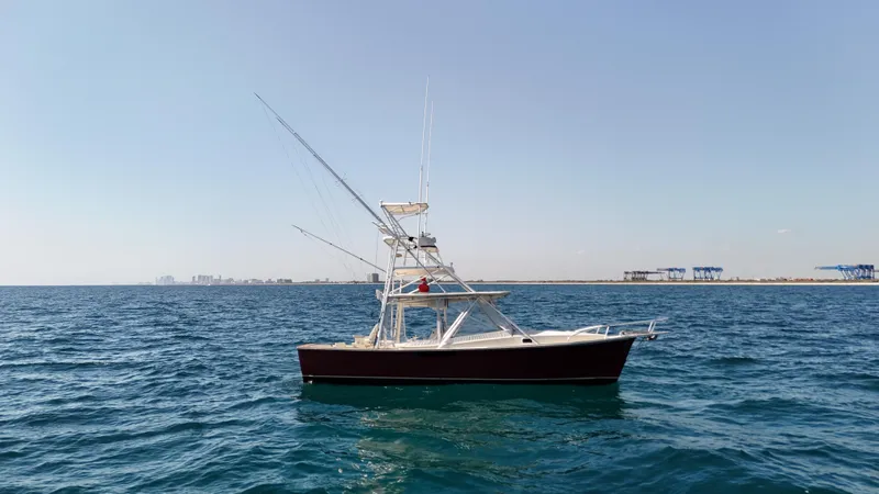Slide: The Image of 1990 Gulf Stream Yachts 31 Tournament on open water, clear sky background. - 6