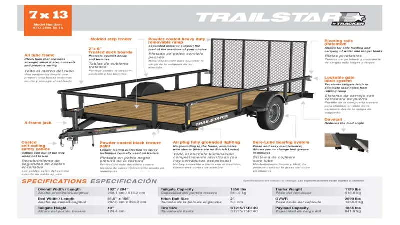 Slide: The Image of 7x13 Tracker trailer, model KTO-2990-82-13, 2024, with detailed specifications and features. - 2