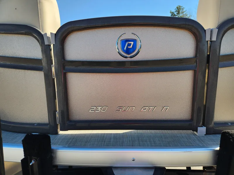 Slide: The Image of 2020 Premier 230 Sun Station boat seat with logo and model name. - 16