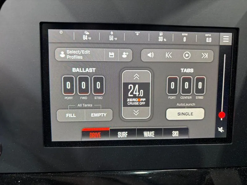 Slide: The Image of Dashboard display of 2025 MasterCraft NXT24 boat with ballast and tabs controls. - 11