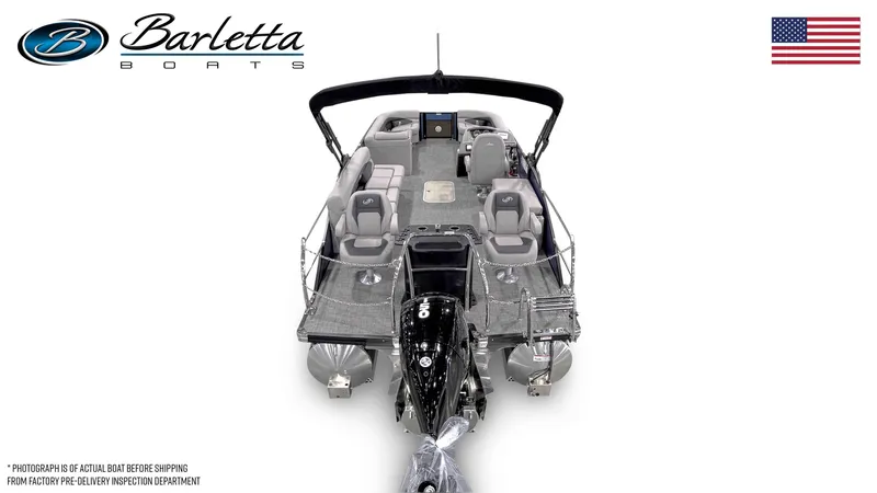 Slide: The Image of 2025 Barletta Aria 24CC pontoon boat, top view, featuring spacious seating and modern design. - 3