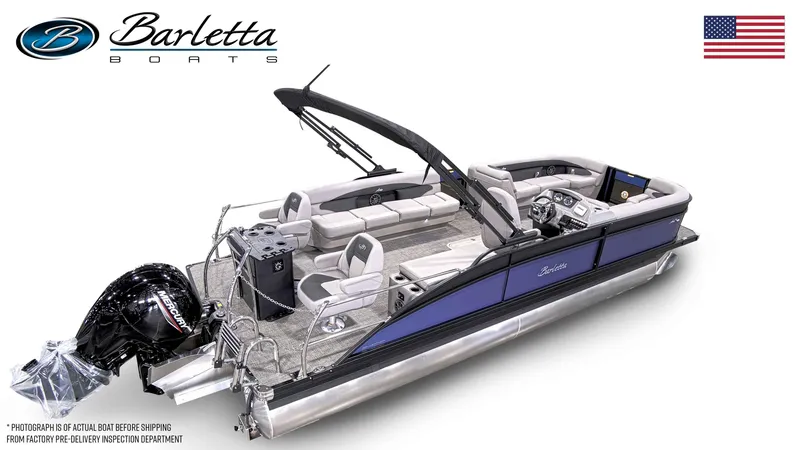 Slide: The Image of 2025 Barletta Aria 24CC pontoon boat with sleek design and modern features. - 4