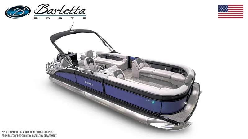 Slide: The Image of 2025 Barletta Aria 24CC pontoon boat with sleek design and spacious seating. - 5