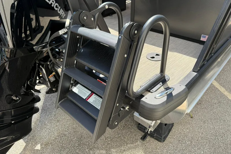 Slide: The Image of 2025 Viaggio Lago X-Q boat with a sturdy boarding ladder and Mercury engine. - 4